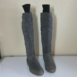 Grey suede Knee high boots w/ partial side zip and Sock Top